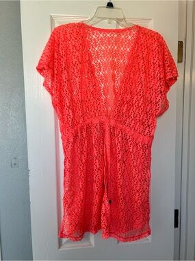 Crochet Cover-Up Romper in Neon Coral Pink